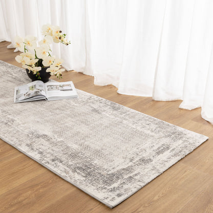 Atina Distressed Border Beige Grey Rug - AT04